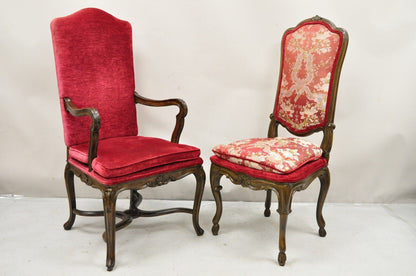 Vintage Italian Country Provincial Carved Walnut Red Dining Chairs - Set of 6