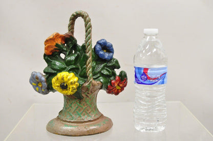 Antique Victorian Cast Iron Figural Floral Bouquet Basket Painted Door Stop