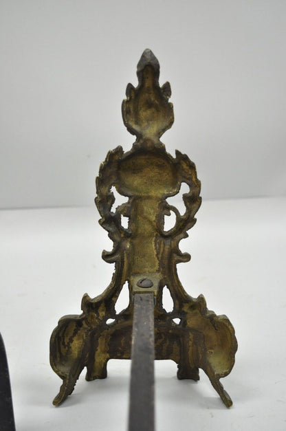 Pair of Small French Empire Louis XVI Style Brass Column & Flame Finial Andirons