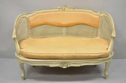 Vintage French Louis XV Victorian Style Small Cane Cream Settee Loveseat Sofa