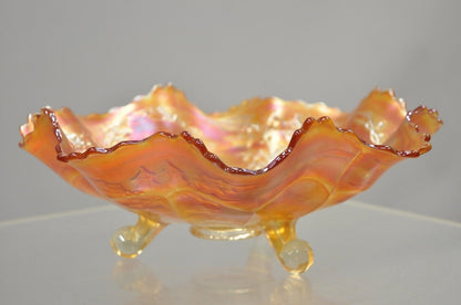 Ruffled Edge Fenton Stag & Holly Carnival Glass Footed Marigold Bowl 11" (A)