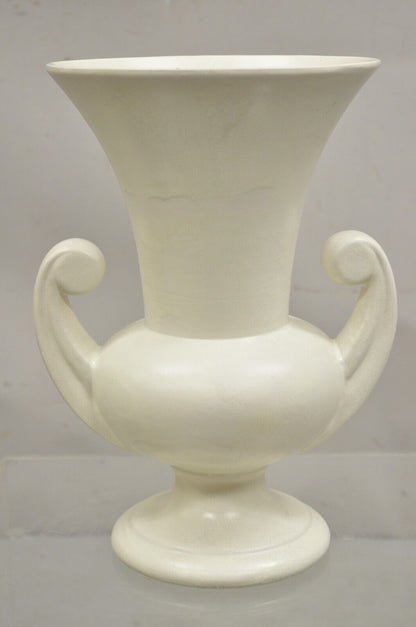 Vintage Art Deco White Glazed Ceramic Stoneware 15" Tall Twin Handle Vase