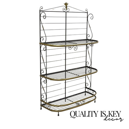 Vintage French Bakers Rack 3 Tier Scrolling Wrought Iron and Brass Etagere