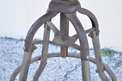 Antique American Industrial Metal Drafting Work Stool with Oak and Cane Seat