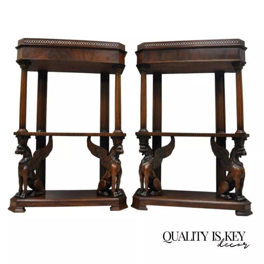 Regency Horner Style Carved Mahogany Griffin Bookcase Curio Stands - a Pair