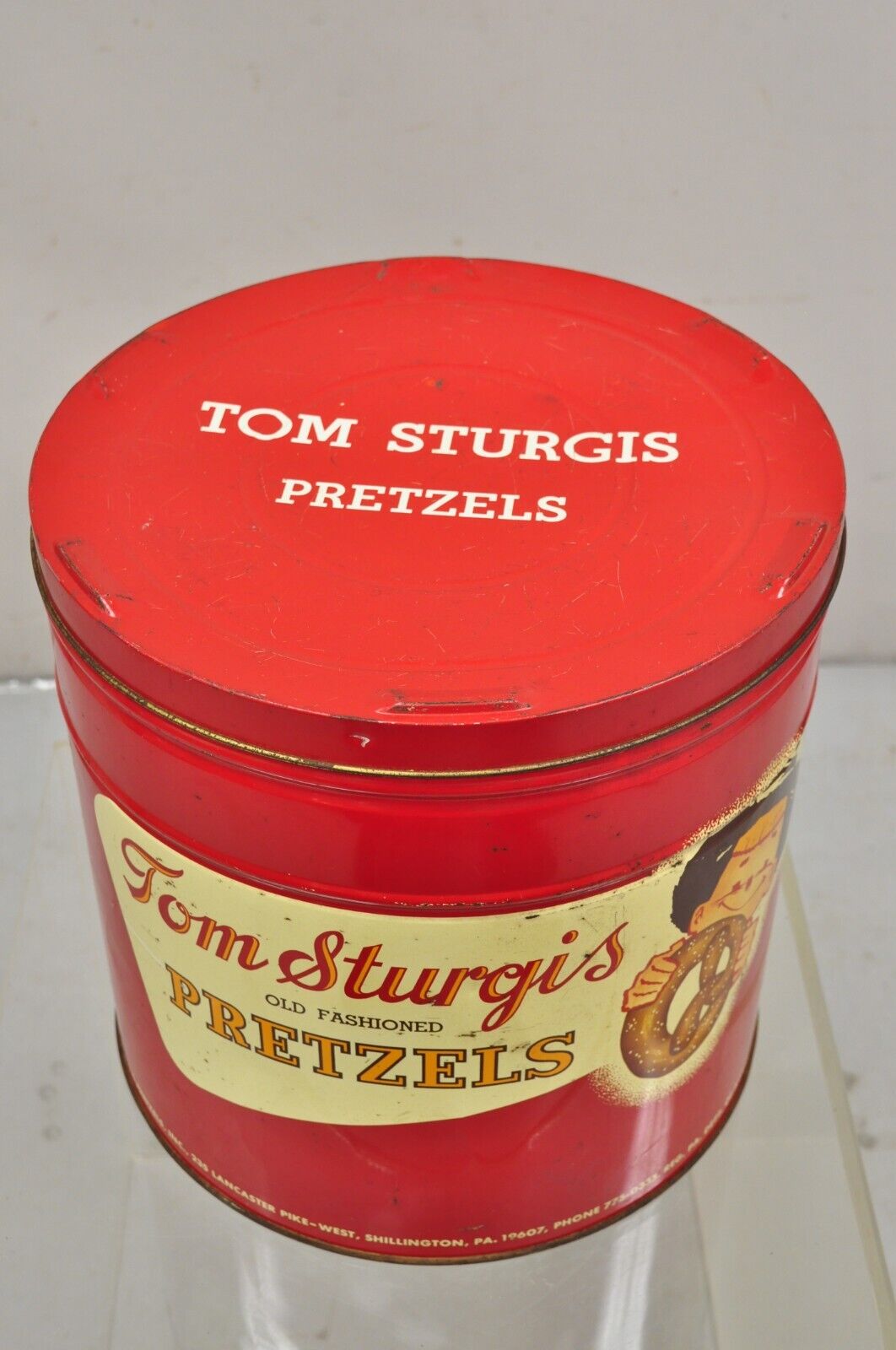 Vintage Tom Sturgis Pretzels Large Tin Metal Red Advertising Can