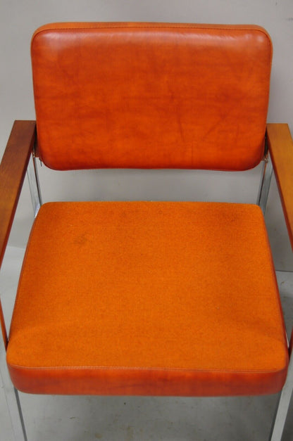 Mid Century Modern Orange Naugahyde Chrome Frame Lounge Arm Chairs by Malibu Ind