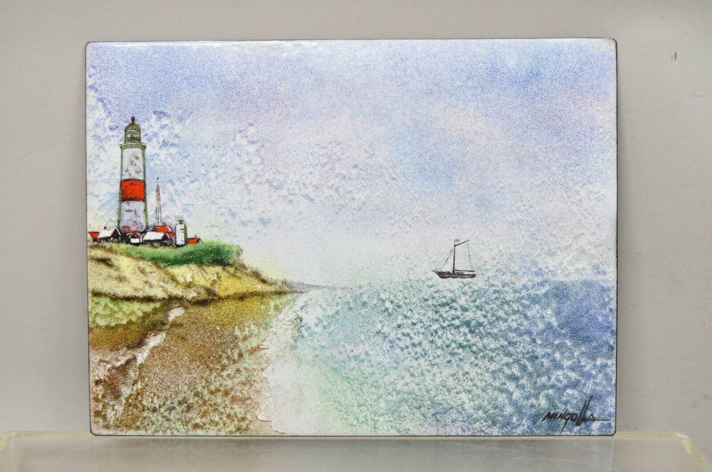 Dom Dominic Mingolla Enamel on Copper Painting Red Lighthouse Shoreline 9 x 12