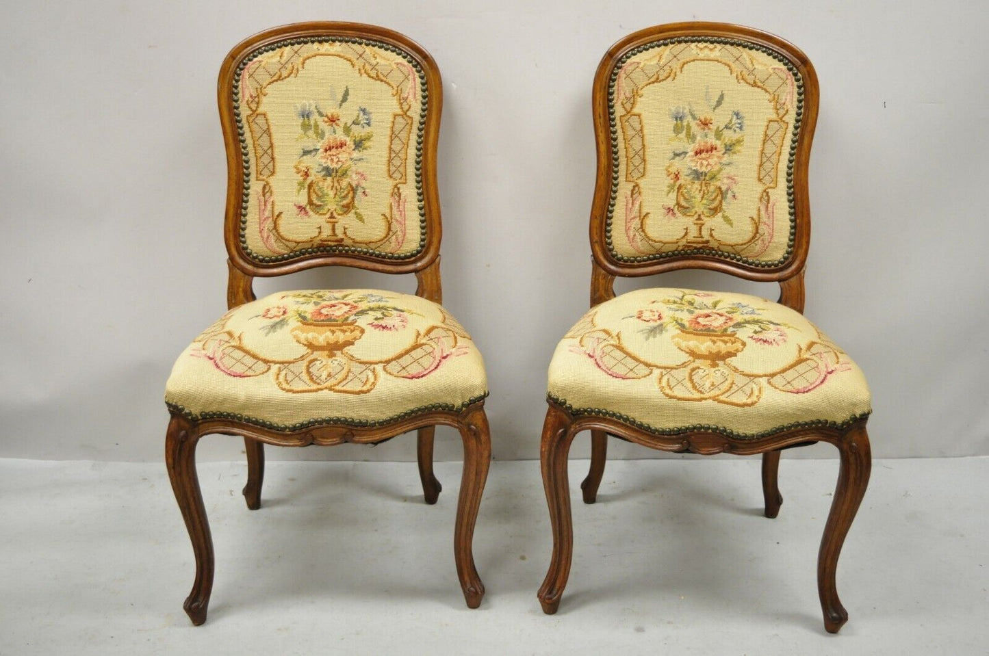 Antique French Provincial Louis XV Walnut Floral Needlepoint Side Chair - a Pair