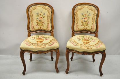 Antique French Provincial Louis XV Walnut Floral Needlepoint Side Chair - a Pair