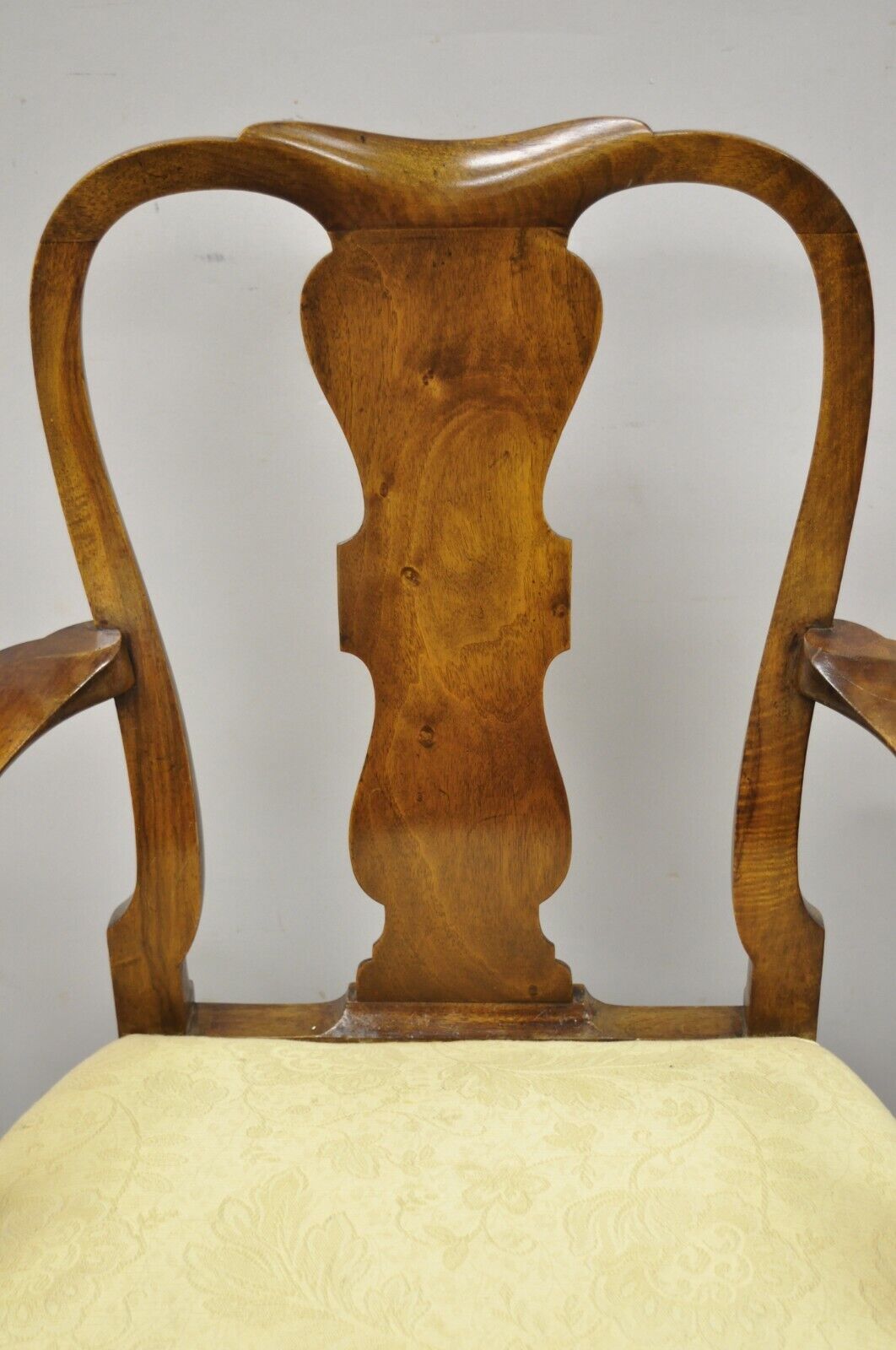 19th Century English Queen Anne Carved Burr Walnut Splat Back Dining Arm Chair