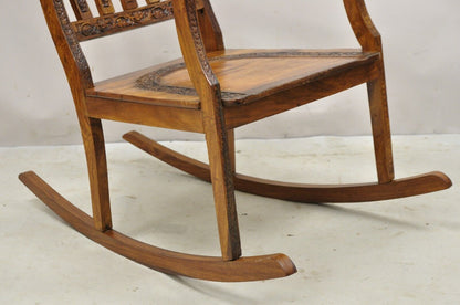 Vintage Anglo Indian Carved Teak Wood Rocking Chair Rocker