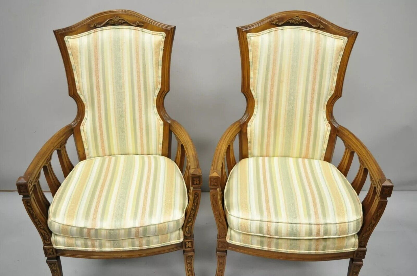 Vintage French Provincial Hollywood Regency Tall Back Lounge Arm Chairs - a Pair