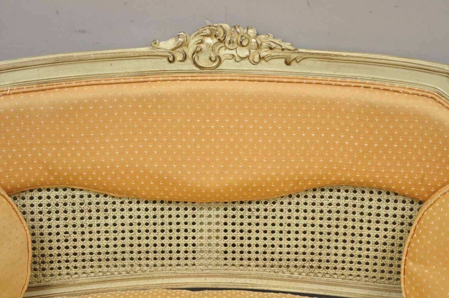 Vintage French Louis XV Victorian Style Small Cane Cream Settee Loveseat Sofa