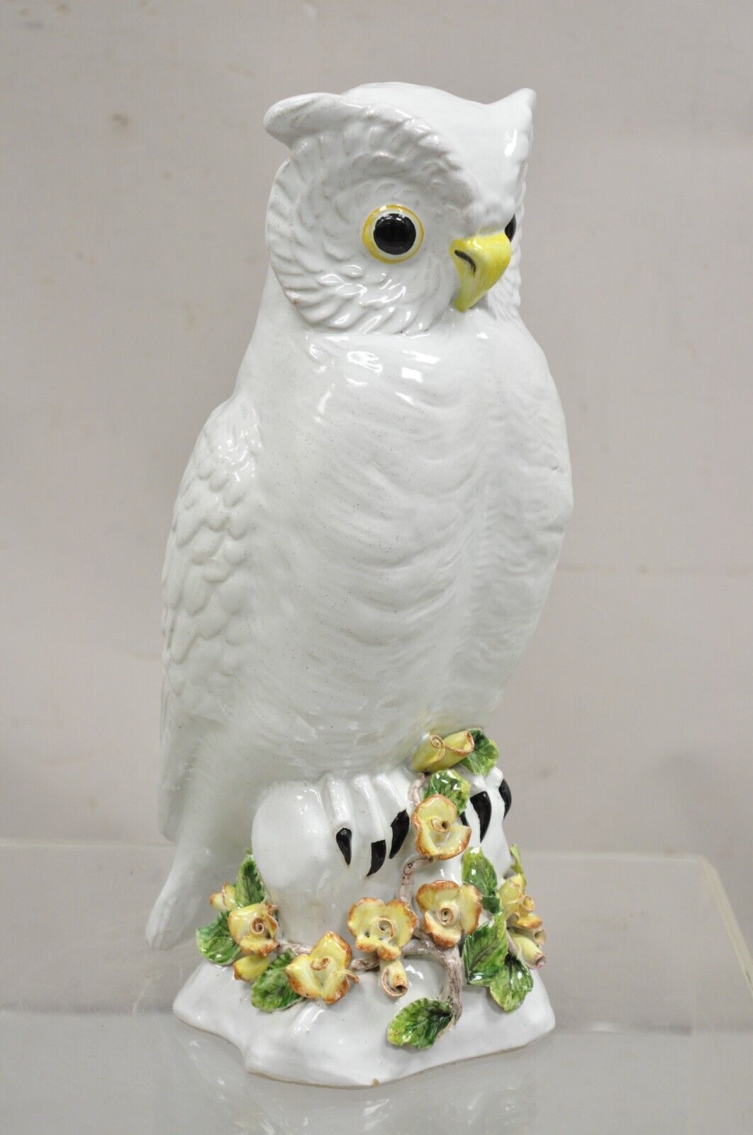 Vintage Italian Hollywood Regency Terracotta Glazed White Owl Figure Sculpture