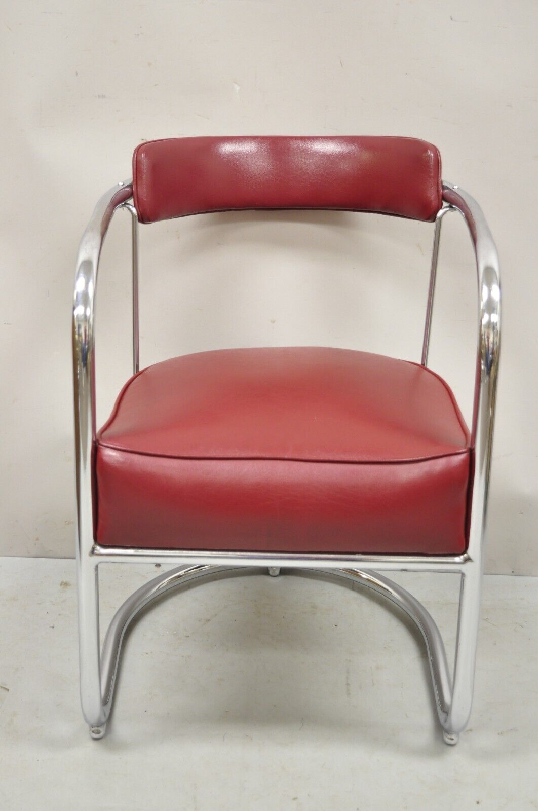 Lloyd Kem Weber Tubular Chrome Steel Red Vinyl Cantilever Arm Chair