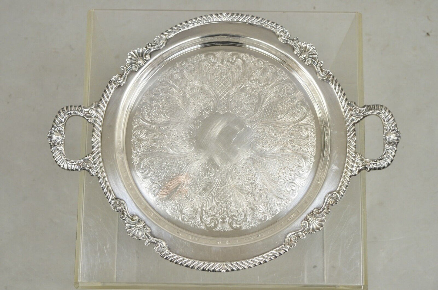 Vintage Sheffield Victorian Style Silver Plated Round Twin Handle Platter Tray