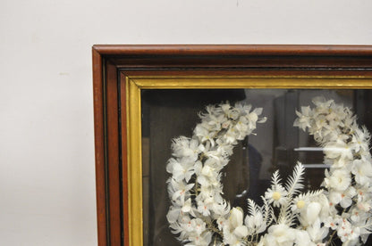 Antique Victorian White Feather Flower Mourning Wreath Mahogany Shadow Box Frame