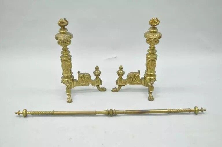 19th C. French Empire Neoclassical Flame & Lion Brass Paw Andirons & Bar - Pair