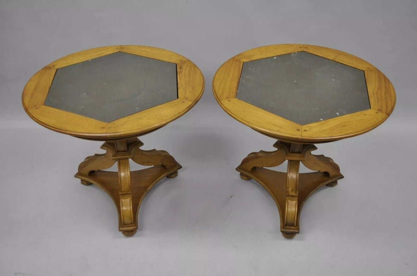 Vintage French Country Style Walnut Slate Top Pedestal Base End Tables - a Pair