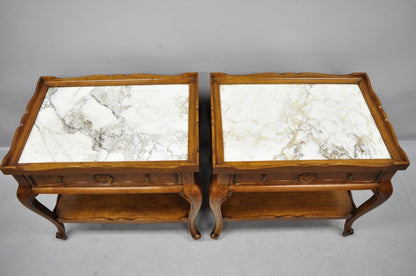 French Country Provincial Style Marble Top Shell Carved Danby End Tables - Pair