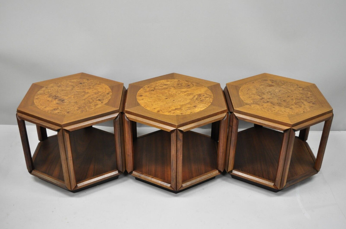 John Keal Brown Saltman Burl Wood Hexagon Mid Century Modern Side Table Set of 3