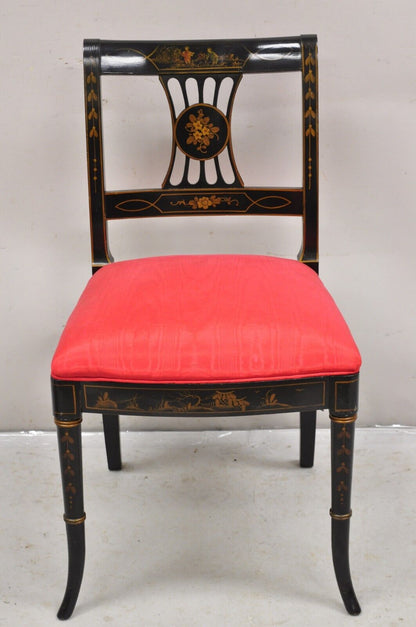 Vintage Chinoiserie English Regency Style Black Painted Dining Chairs - Set of 6