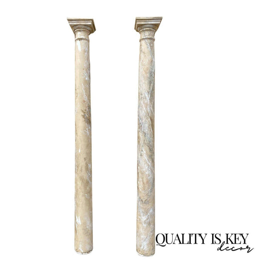 Vintage Reclaimed Salvage 92" Tall Wooden Faux Marble Painted Column Pair