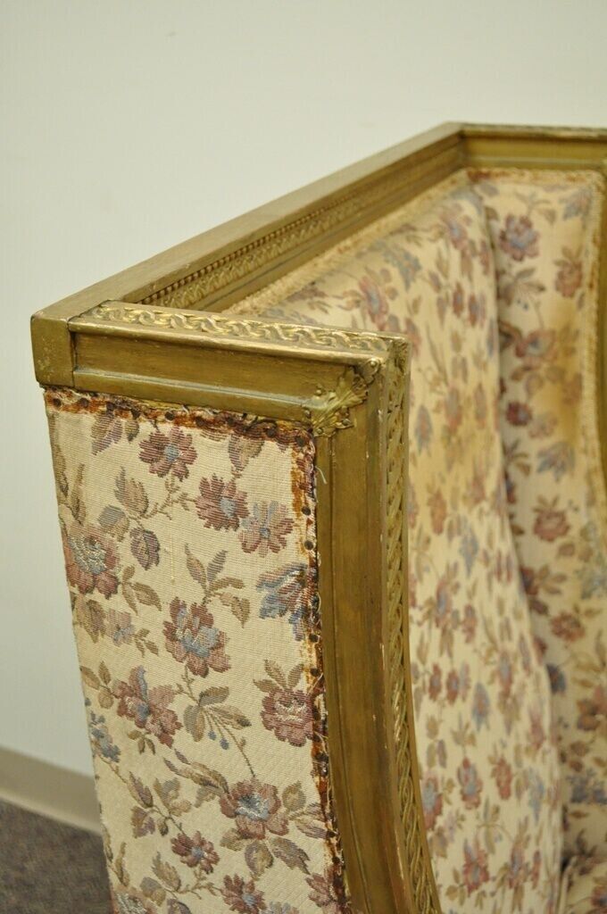 Antique French Louis XVI Victorian Gold Gilt Wood Wing Back Bergere Arm Chair