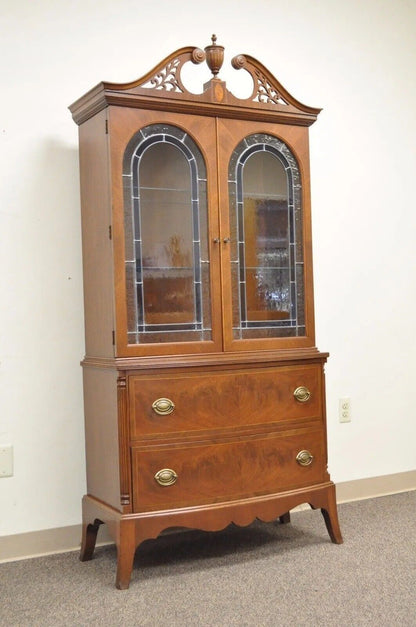 Antique Federal Style Mahogany China Display Cabinet with Stained Glass Doors