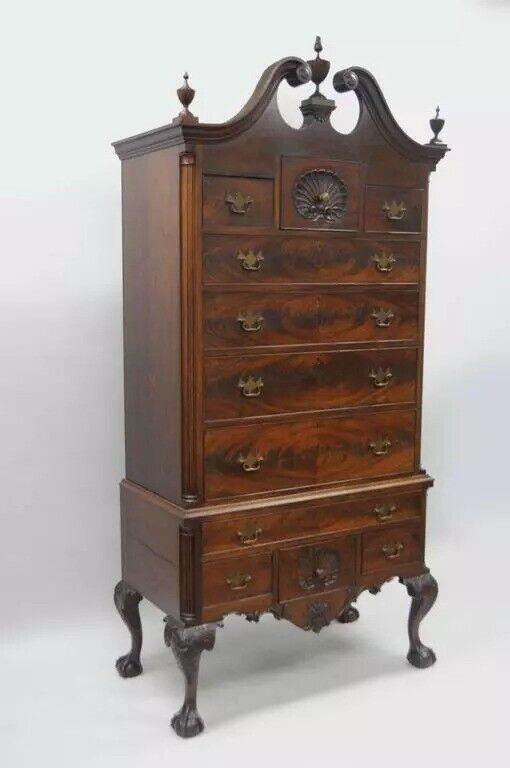 19th C. Chippendale Style Mahogany Ball and Claw Highboy Tall Chest of Drawers