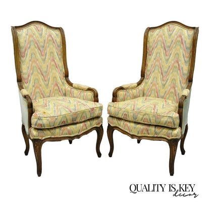 French Provincial Louis XV Country Narrow Tall Back Lounge Chairs (A) - a Pair