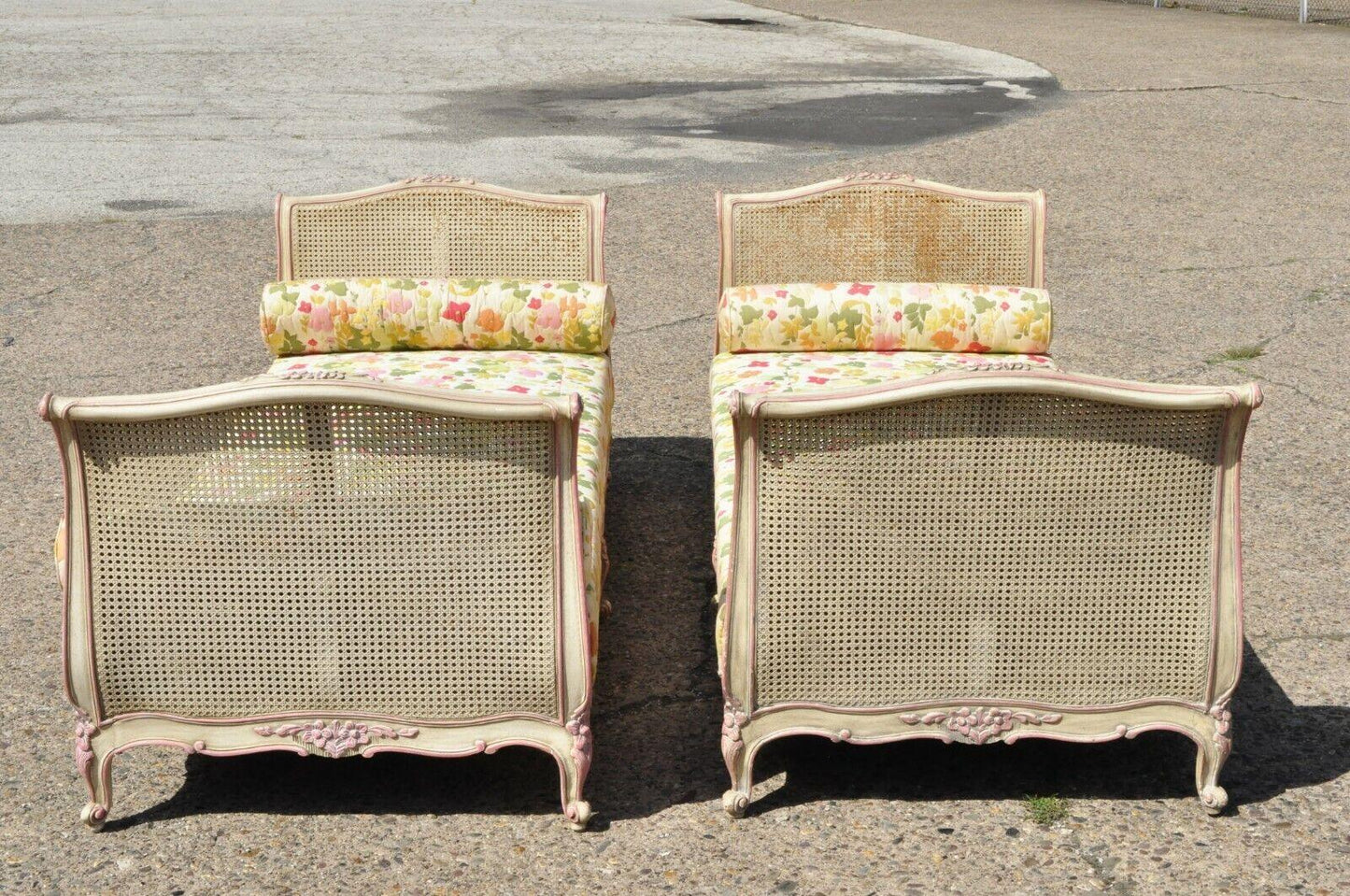 Vintage French Louis XV Style Pink & Cream Painted Cane Bed Daybeds - a Pair