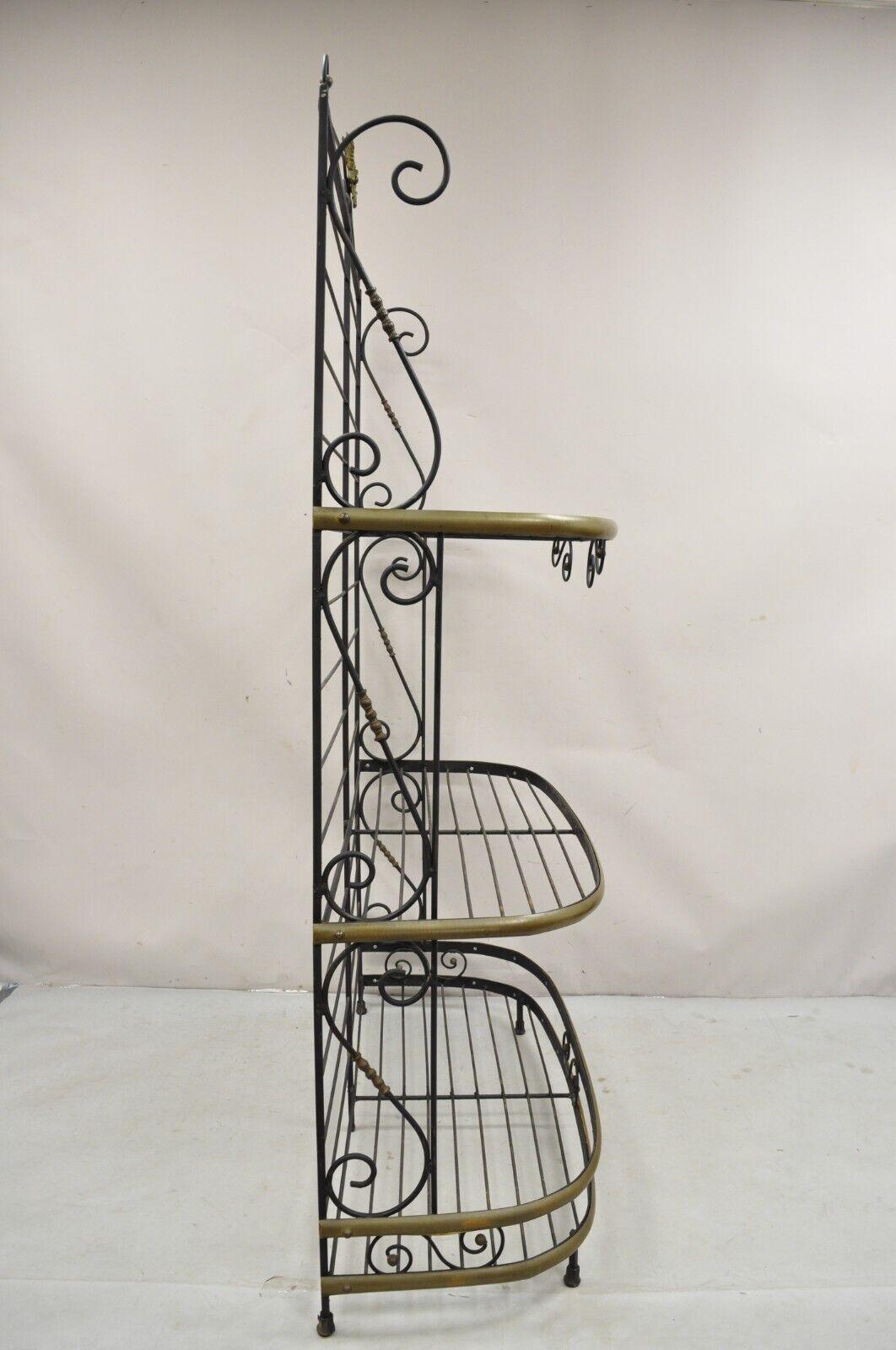 Vintage French Bakers Rack 3 Tier Scrolling Wrought Iron and Brass Etagere