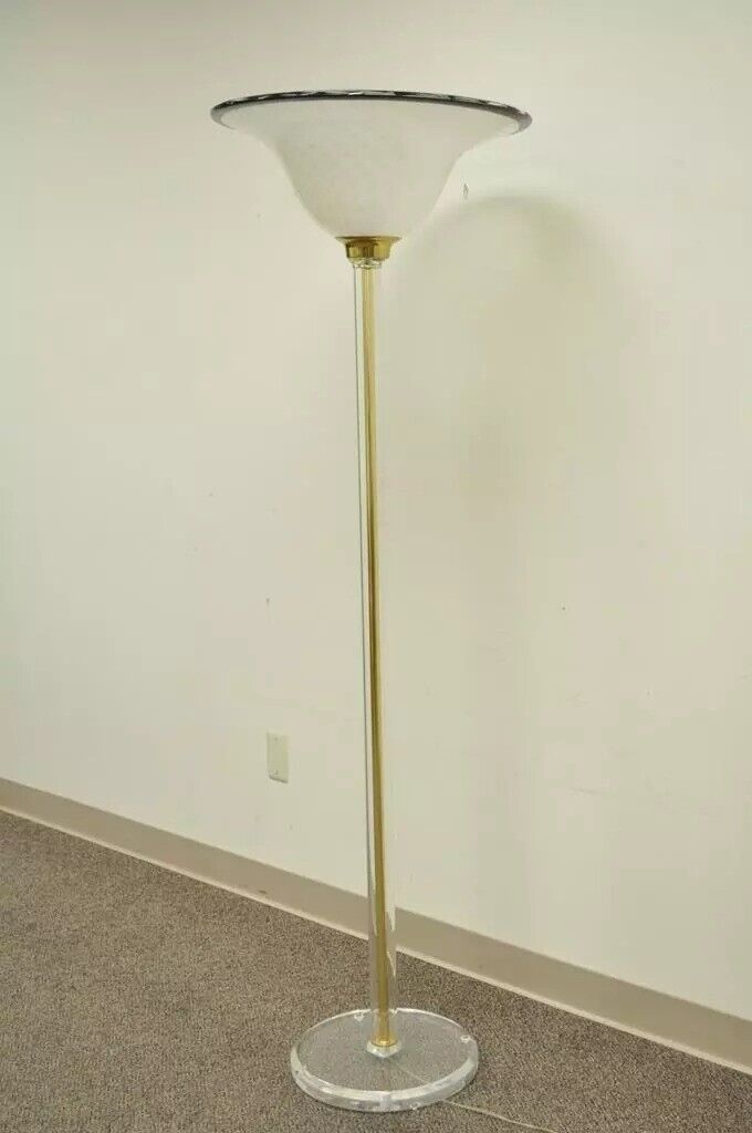 Vintage Mid Century Hollywood Regency Lucite Brass Glass Torchiere Floor Lamp