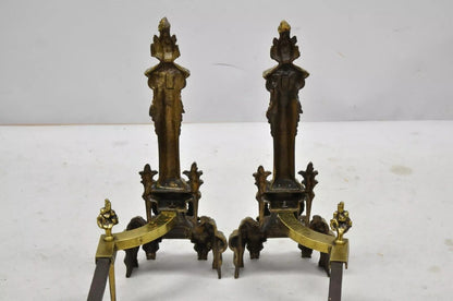 Vintage French Empire Brass Bronze Column Flame Finial Fireplace Andirons - Pair