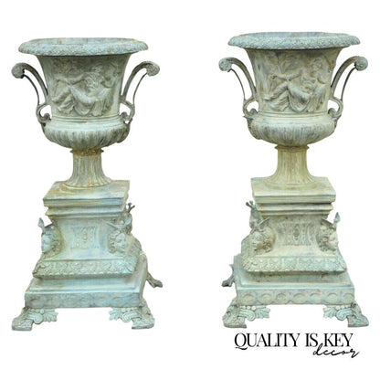 French Louis XV XVI Style Bronze Verdigris 43" Figural Garden Planters - a Pair