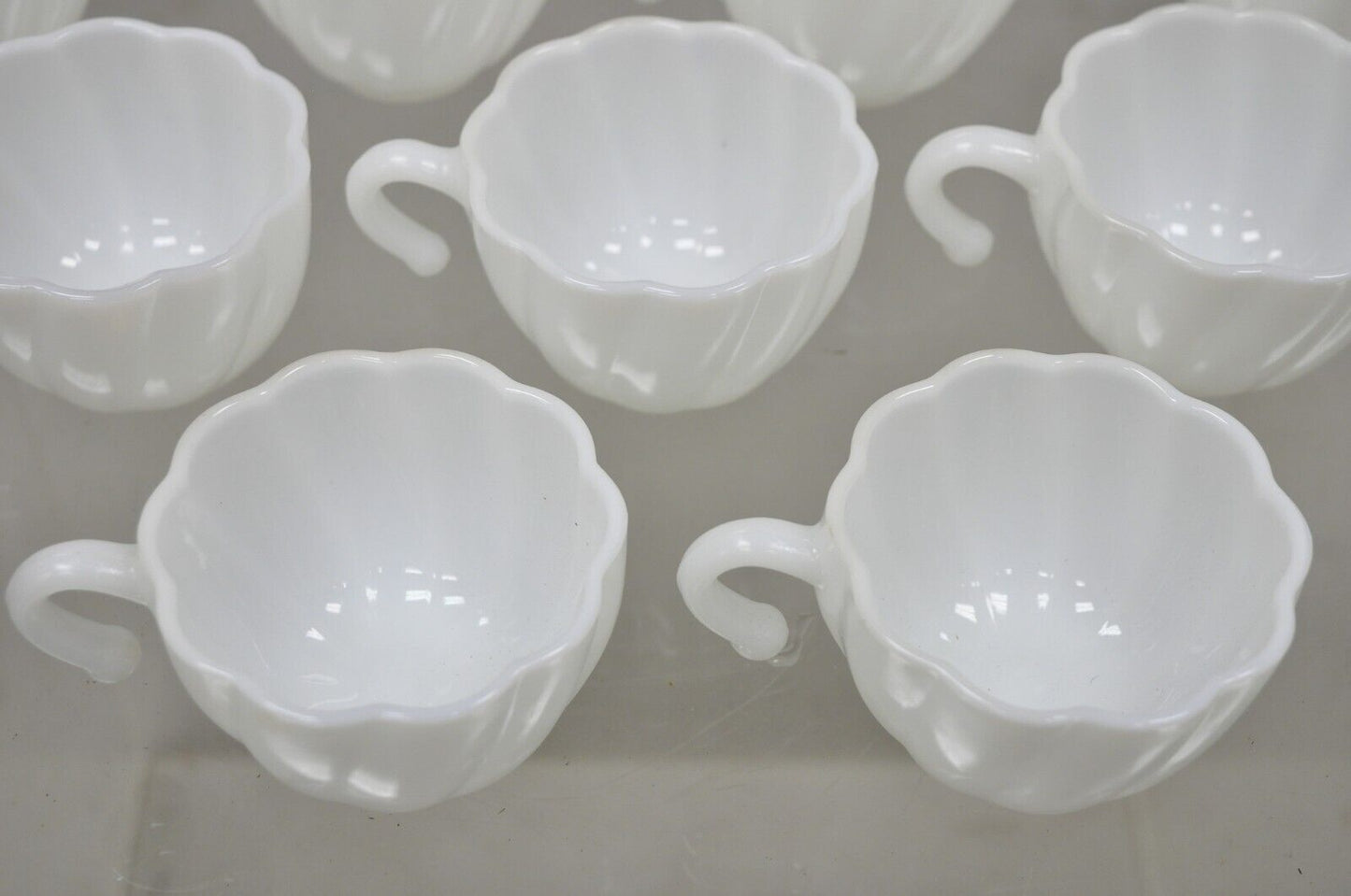 Hazel Atlas White Apline Swirl Punch Bowl Set 9 Hook Handle Cups - 10 pcs