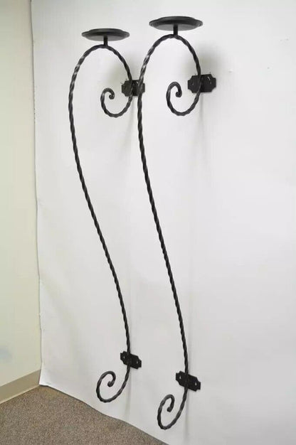 Large Scrolling Twisted Wrought Iron Candle Holder Wall Mounted Sconces - a Pair