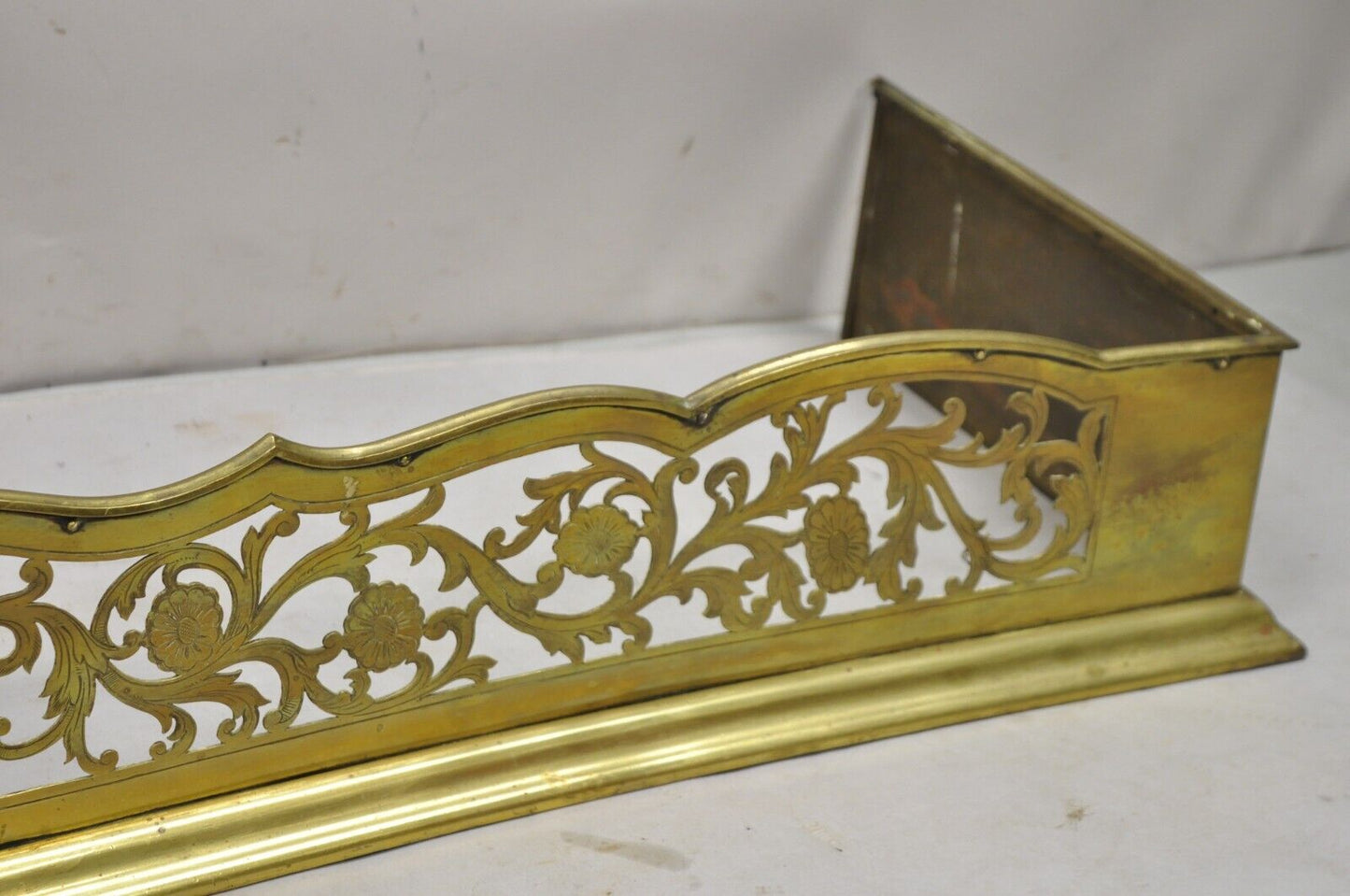 Antique French Renaissance Brass Figural Floral 67" Fireplace Surround Fender