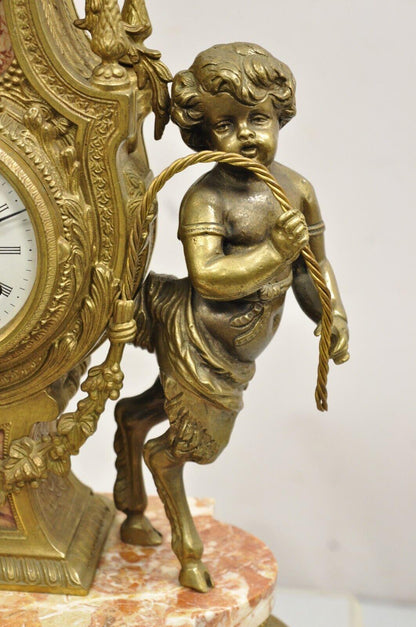 Vintage French Louis XV Style Brevetatto Italy Brass Marble Figural Cherub Clock