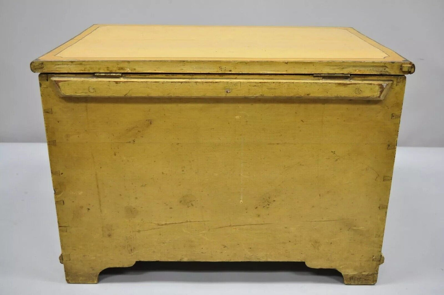 Antique Yellow Painted Cottage Primitive Folk Art Small Trunk Faux Spool Cabinet