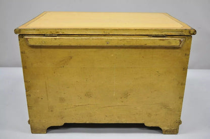 Antique Yellow Painted Cottage Primitive Folk Art Small Trunk Faux Spool Cabinet