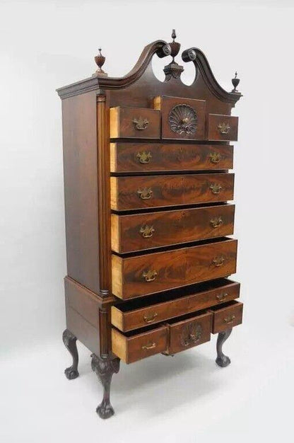 19th C. Chippendale Style Mahogany Ball and Claw Highboy Tall Chest of Drawers