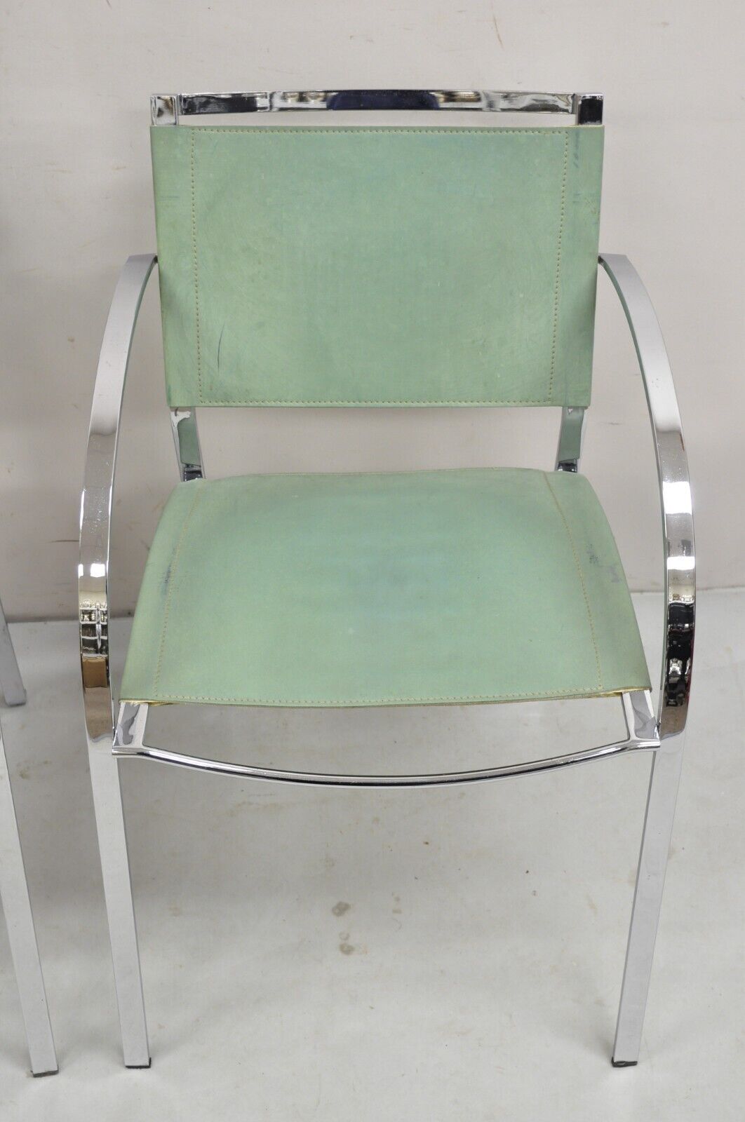 Italian Modern Naos Italy Teal Blue Leather Chrome "Corset" Arm Chairs - a Pair