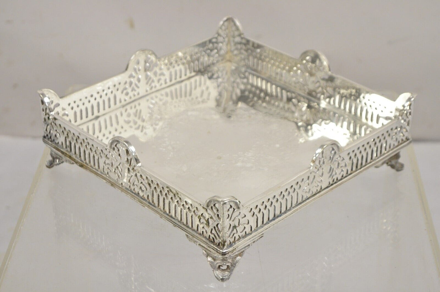 Vintage Victorian Style Silver Plated Raised Pierced Gallery Square Tray