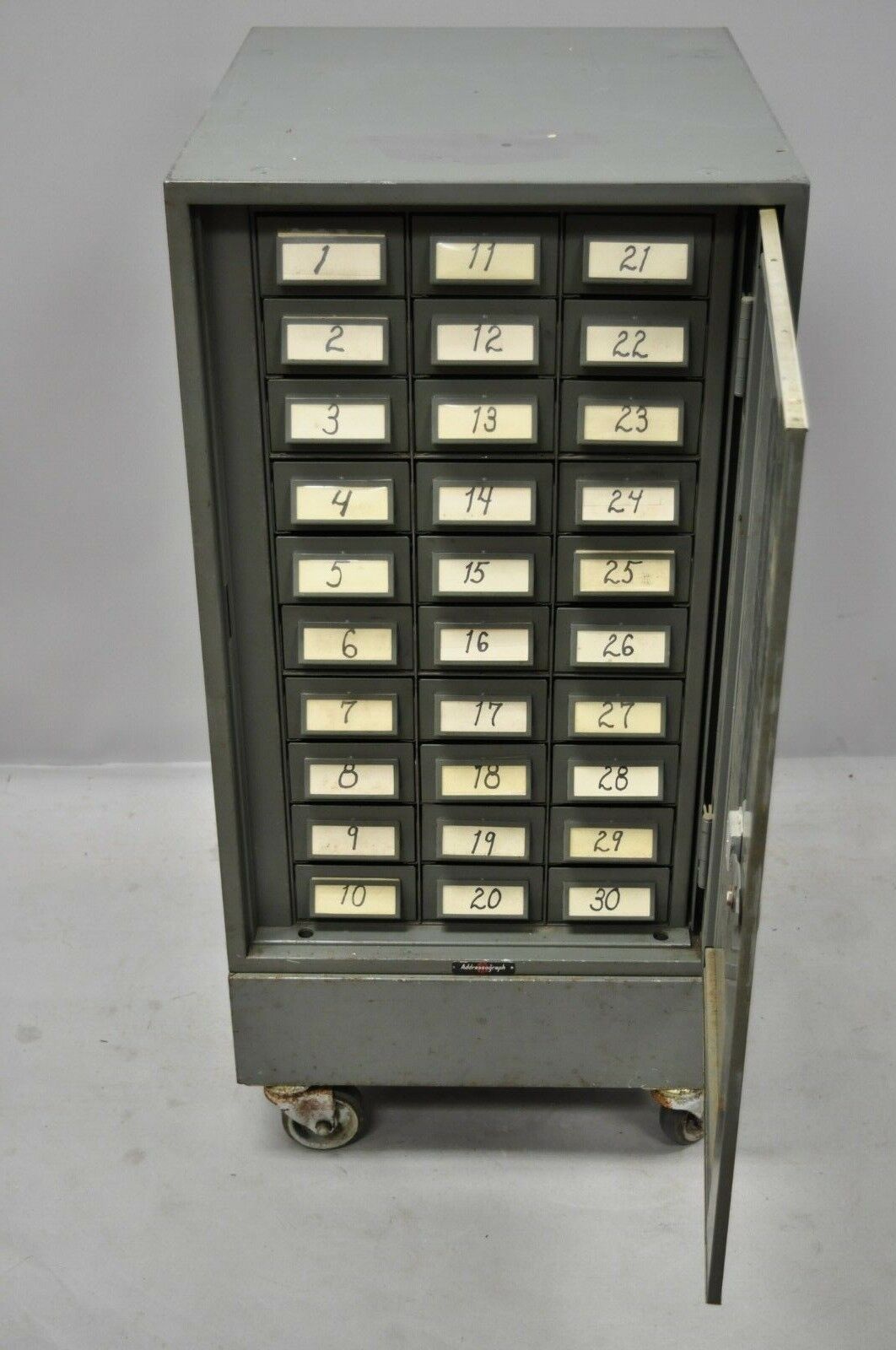 Vintage Addressograph Industrial Steel Metal 30 Drawer Garage Parts Cabinet