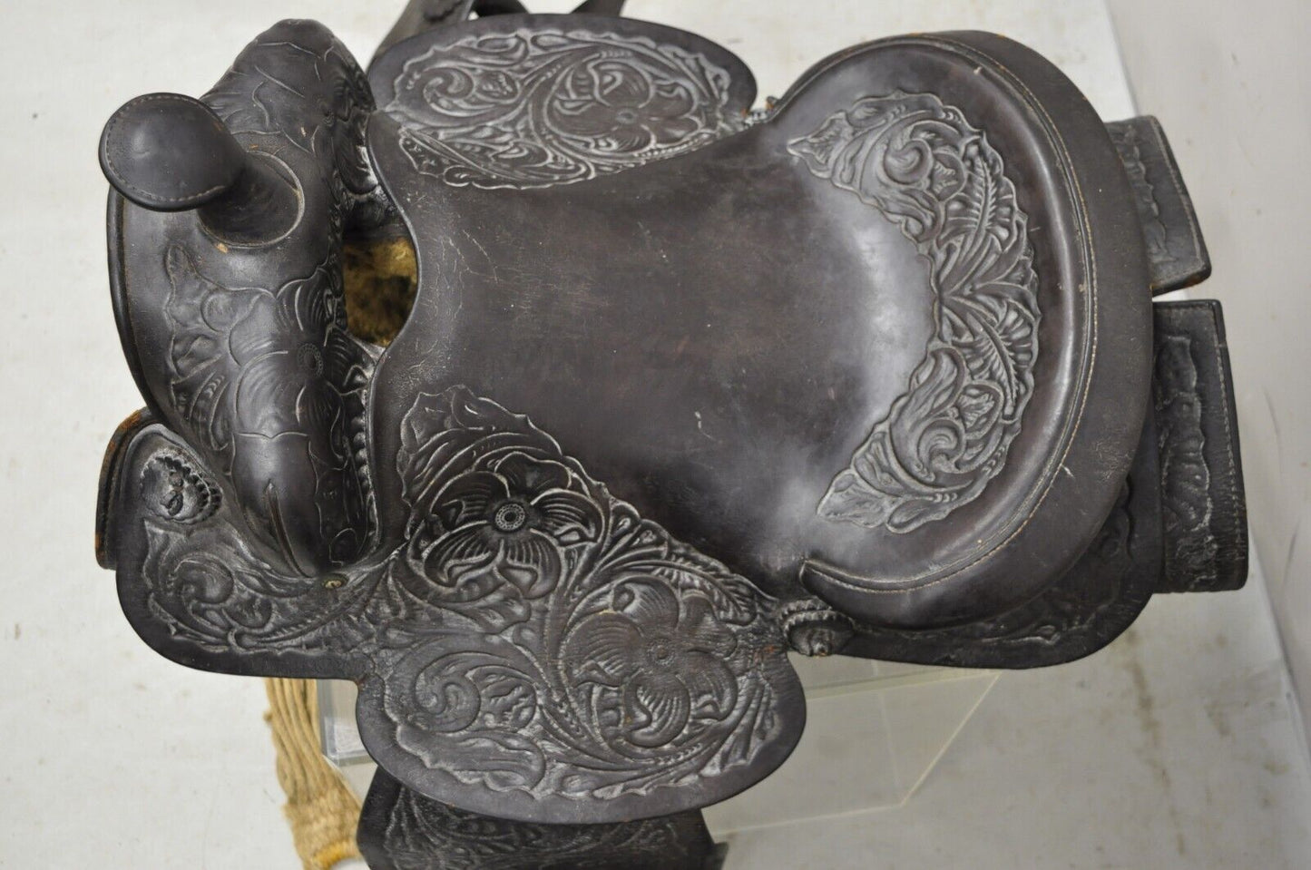 Vintage Brown Tooled Leather Floral Embossed 15" Seat Horse Saddle