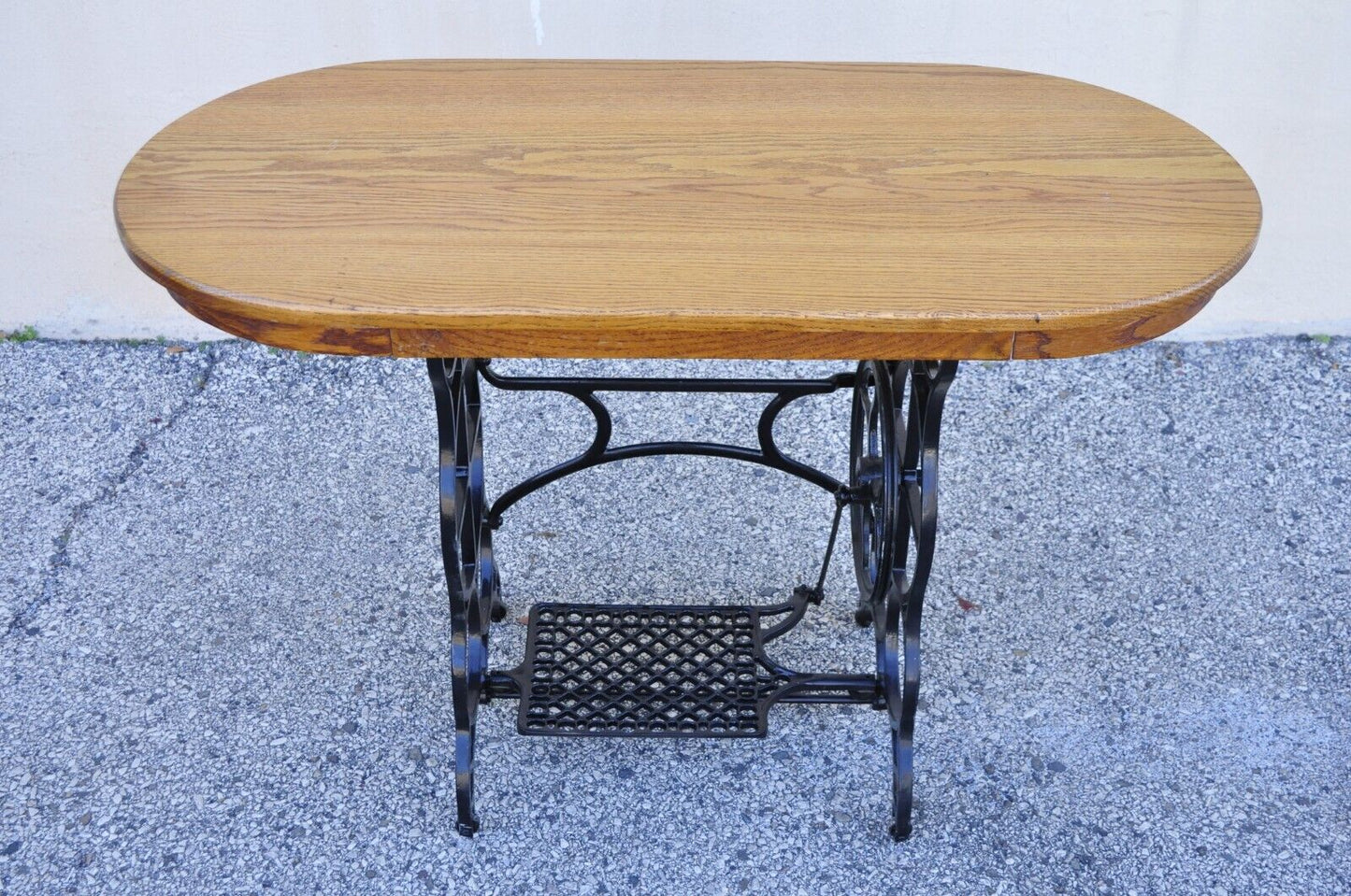 Antique Victorian Cast Iron Treadle Sewing Machine Base Side Table Oval Oak Top