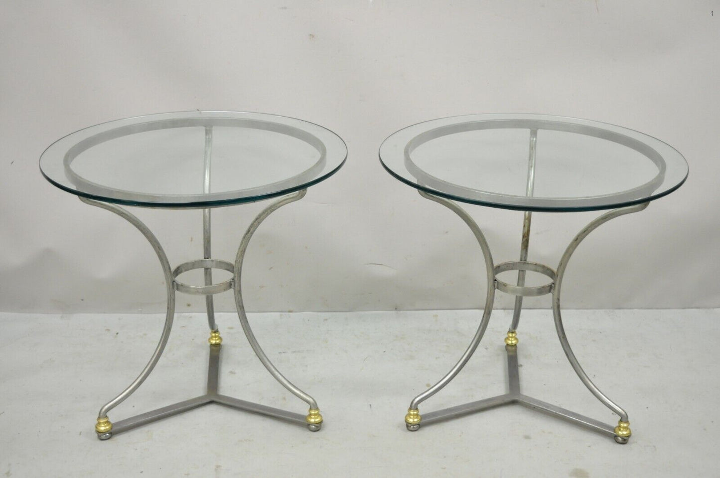 Italian Neoclassical Maison Jansen Brushed Steel Brass Round End Tables - a Pair